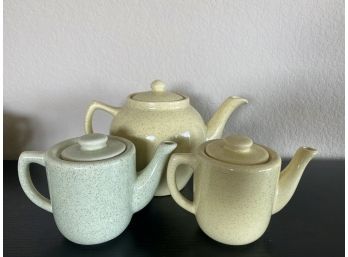 Set Of Three Bauer Speckled Teapots In Blue & Yellow