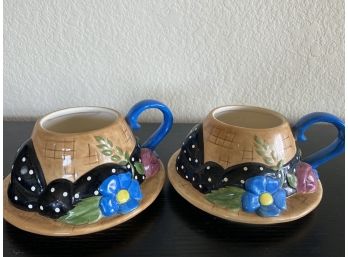 Pair Of Two Mary Engelbreit Hat Mugs With Bow Detailing