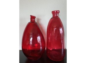 Two Tall Red Recycled Glass Sculptural Vases Made In Spain