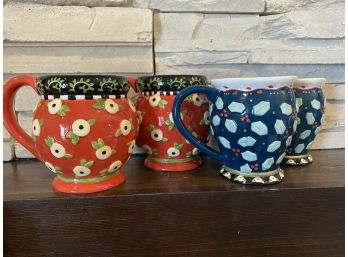 Group Of 4 Festive Pottery Mugs By Mary Engelbreit Including Blue Christmas Holly