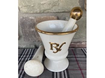 White Porcelain Pestle And Mortar With Gold Trim