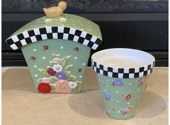 Pair Of Two Mary Engelbreit Folk Pottery Pieces Including Cookie Jar With Flowers & Bird Top