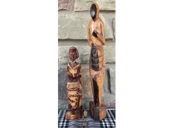 2 Wooden African Style Carvings With Miniature Metal Sculpture
