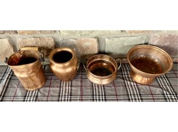 Collection Of 4 Copper Pieces Including Milk Bucket, Bowls, And More