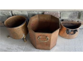 3 Large Decorative Copper Pots Including Large Octagonal Pot With Handles