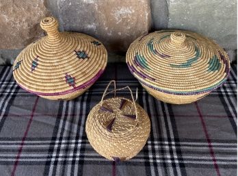 3 African Style Baskets With Lids And Decorative Patterns