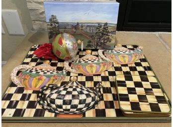 MacKenzie Childs Set Of Placemats & Coasters In Courtly Check With Ornament In Decorative Box