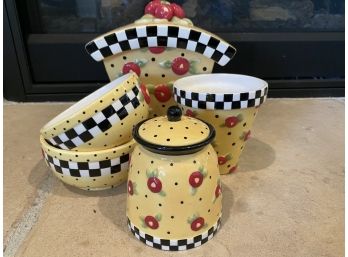 Mary Engelbreit Set Of 7 Colorful Checkered Pottery Pieces With Floral Detailing
