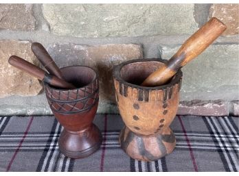 2 Hand Carved Wooden Pestle And Mortars