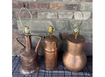 Set Of 3 Solid Copper Lamp Bases With Cords