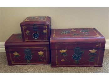 Collection Of 3 Varying Sized Floral Painted Wooden Chests (AS IS)