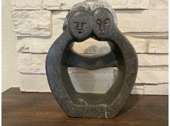 Pair Of Two Carved Shona Stone Intertwined Lovers Embracing In Circle