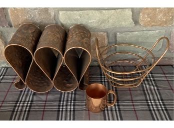 Solid Copper Wine Rack, Bread Basket, And Mug From Turkey