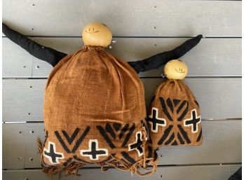 Two African Dolls In Painted Burlap Fabric With Carved Gourd Faces