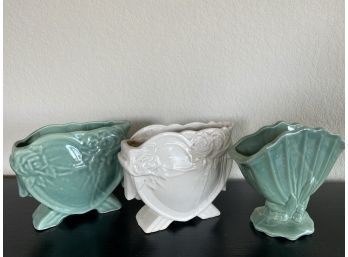 Set Of Three McCoy Pottery Fan Vases In Turquoise & Ivory
