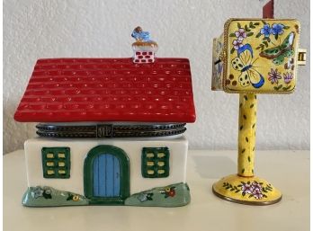 Pair Of Two Large Trinket Boxes Including Yellow Cloisonne Style Mailbox And Mary Engelbreit Cottage Home