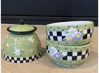 Grouping Of Mary Engelbreit Checkered Pottery Pieces Including Two Small Cereal Bowls And Lidded Jar