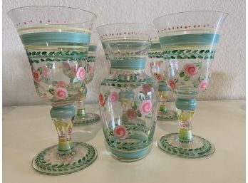 Set Of Hand Painted Mary Engelbreit Wine Glasses With Small Vase
