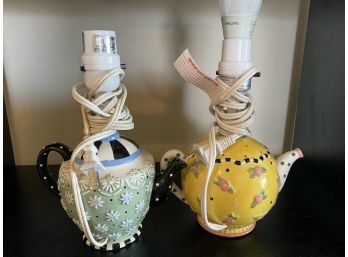 Pair Of Two Mary Engelbreit Coloful Teapot Lamps (6”wide X 10”high) Shade Not Included