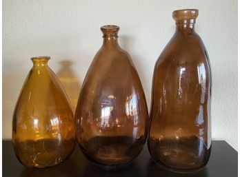 Collection Of Three Tall Amber Glass Recycled Sculptural Vases