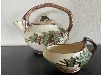 Pair Of Two Vintage Forest Pieces By McCoy Pottery Including Teapot And Creamer