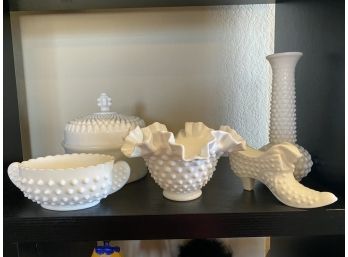 Five Pieces Of Hobnail Milk Glass Including Lidded Tall Candy Dish
