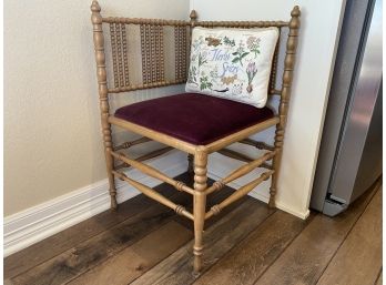Antique Spindle Backed Corner Chair With Velvet Upholstery & Cross Stitch Herb Pillow