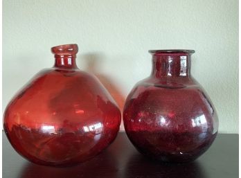 Set Of Two Large Recycled Red Glass Sculptural Vases
