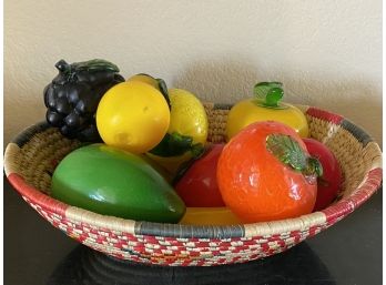 Decorative Italian Art Glass Fruit And Vegetable Pieces In African Colorful Basket