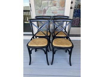 Pair Of 4 Bentwood Black Wood & Metal Chairs With Rush Woven Seating