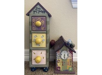 2 Hand Painted Wooden Home Decor Items Including Clock And Miniature Dresser