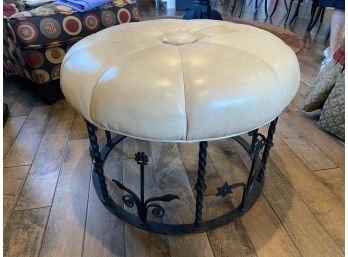 Tufted Cream Leather Ottoman With Moroccan Wrought Iron Base