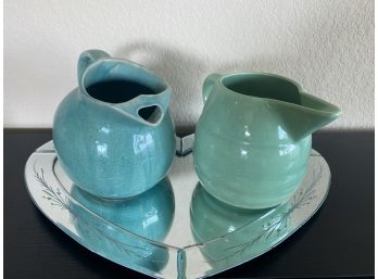 Group Of Two Turquoise Pitchers On Mirrored Heart Display Tray By Studio Silversmiths