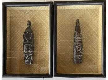 2 Hand Carved African Wood Pieces In Glass Display Frames