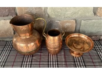 Collection Of 3 Solid Copper Pieces Including Pitcher, Barrel Mug, And Platter