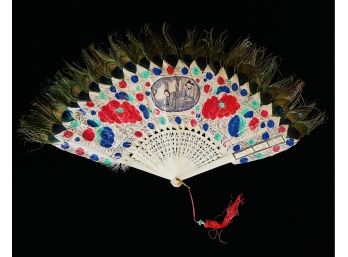Antique Chinese Feathered Fan With Hand Painted Designs Has 2 Broken Reeds