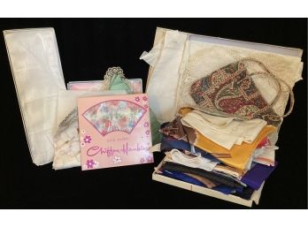 Assortment Of Antique Vintage Scarves And Handkerchiefs Including Silk, Linen, Handmade Lace And More!
