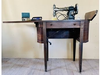 Antique White Rotary Sewing Machine In Oak Cabinet Includes Manual Attachments & Power Cord- Not Tested