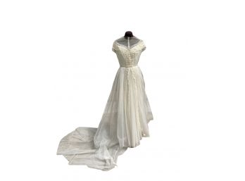 Delicate Vintage Tule Wedding Gown With Lace Yoke - Ivory Color