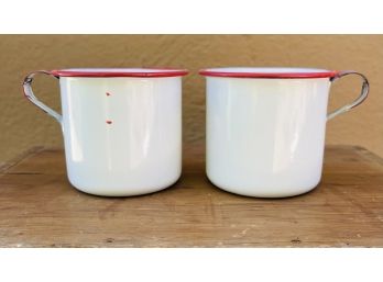 2 Antique Enameled Metal Mugs With Red Rim Some Chips