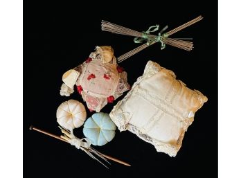 Antique Handmade Pin Cushion  With Box Full Of Antique Knitting And Crochet Needles.