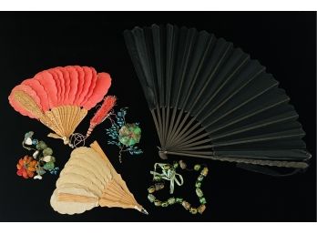 Antique 1860s - 1870s French Silk Fans With Condition Issues For Repair.  2 Wonderful Beetle Embellishments