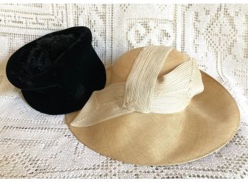 Antique Daniels And Fisher Ladies Straw Hat With Black Velvet With Black Pom Pom Veersteters