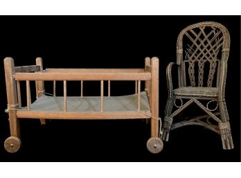 Assortment Of Antique Doll Furniture, Including Wicker Chair, Wooden Crib With Wheels And An Ironing Table