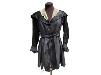 Antique Black Brocade Satin Short Coat With Jet Buttons, Ivory Lace Collar - Lining Very Torn