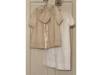 2 Antique Infants/toddler Lot With Silk Coat, Hat & Cotton Gown