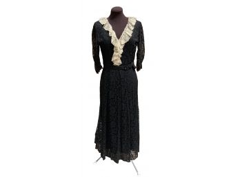 Antique Black Chantilly Lace Long Dress With Ivory Collar Plus Belt