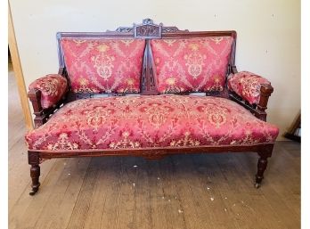 Gorgeous Victorian Eastlake Mahogany Setee With Original Red Brocade Fabric & Casters