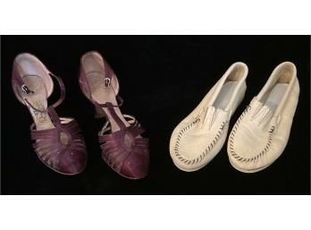 Pair Of Vintage/antique Shoes Including Leather Slip Ons And Satin Heels