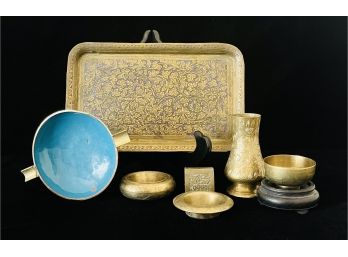 6 Piece Vintage Solid Brass Decor With Middle Eastern Tray (9 X 5), Vase (4) And More!